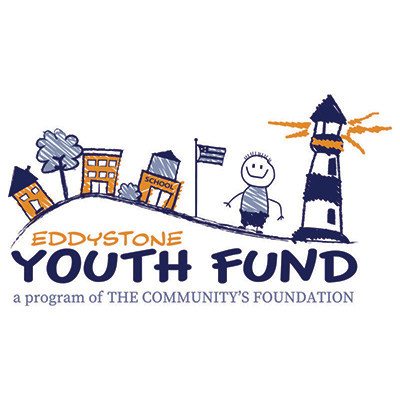 Text reading "Eddystone Youth Fund" above smaller text reading "a program of the community foundation", all below a childlike drawing of some buildings and a smiling child next to a lighthouse.