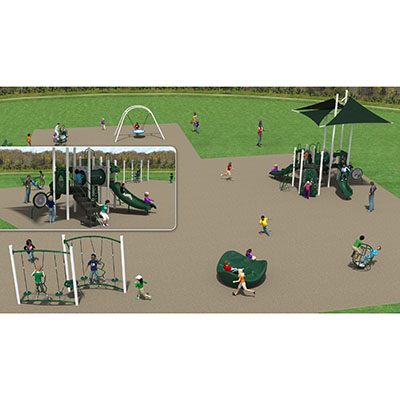 3D model showing a playground with various pieces of equipment and children playing on them