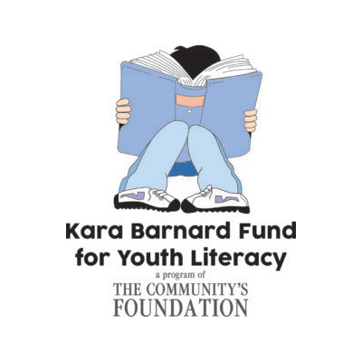 An animated person sits, toes pointed inward, reading a comically large book that hides their face. Beneath them, text reads "Kara Barnard fund for youth literacy" with additional text below reading, "a program of the community's foundation."