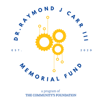 Illustration of yellow gears encircled by text reading "Dr. Raymond J. Carr III Memorial Fund" with smaller text beneath that reading "a program of the community's foundation."