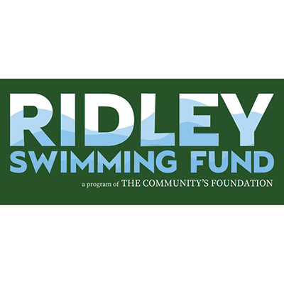large text reads "ridley swimming fund" with alternating layers of blue overlaid to simulate waves. Beneath it, smaller text reads, "a program of the community's foundation."